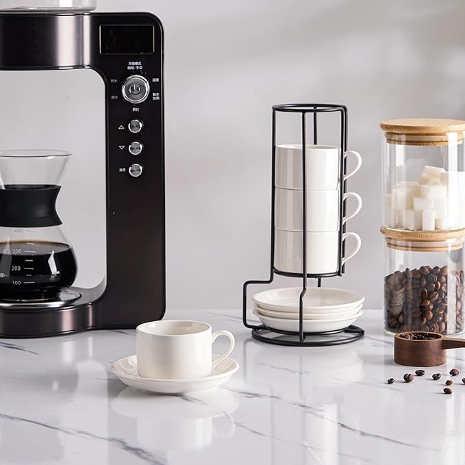 Cappuccino Cups Set of 4, 8oz Stackable Coffee Cups Set with Saucers and Metal Stand, White Coffee Mugs and Saucers for Cappuccino, Latte, Americano and Tea