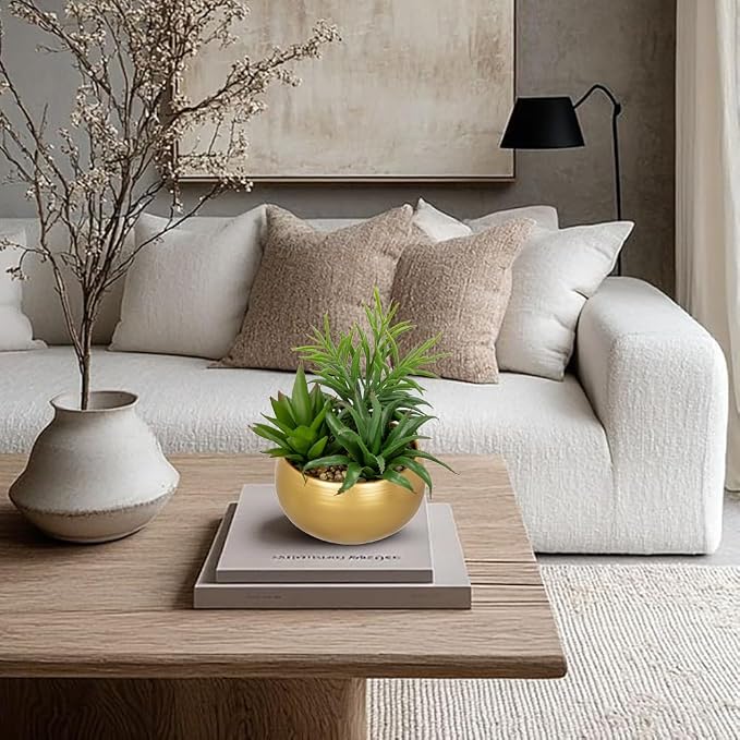 Briful Fake Succulents in Gold Metal Pot, Artificial Succulent Plants Arrangement for Home Decor, Small Faux Potted Plants Tabletop Centerpiece, Desk Office Bathroom Shelf Decorations