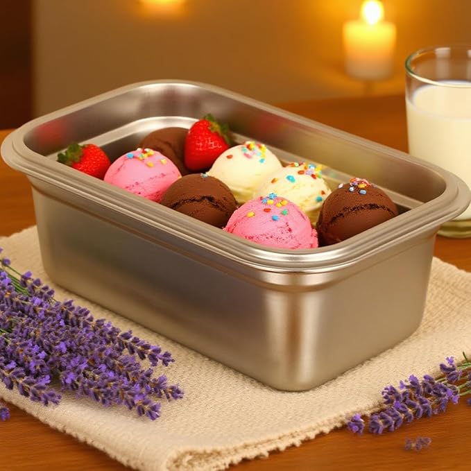 Reusable Ice Cream Tub Containers 2 Quart: Stainless Steel Ice Cream Containers for Homemade Ice Cream, Sorbet, Frozen Yogurt or Gelato - Stackable Ice Cream Freezer Container,1.8 Liter