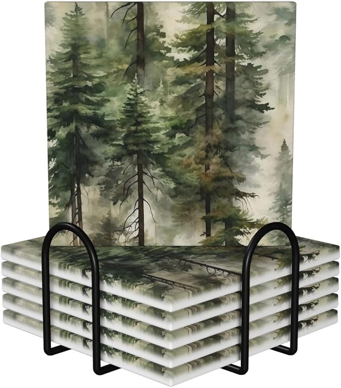 Misty Pine Tree Square Ceramic Coasters Set of 6 Pack, Mountain Green Forest Landscape Foggy Botany Stone Drink Coaster with Cup Holder Anti-Scratc Cork Backing Bar Kitchen Home Housewarming Gift