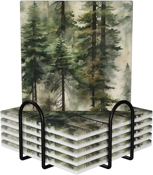 Misty Pine Tree Square Ceramic Coasters Set of 6 Pack, Mountain Green Forest Landscape Foggy Botany Stone Drink Coaster with Cup Holder Anti-Scratc Cork Backing Bar Kitchen Home Housewarming Gift