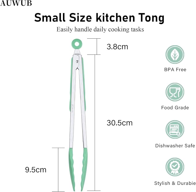Silicone Salad Tongs - 12 Inch, 304 Stainless Steel Core & Non-Slip Grip, Pistachio Color, Kitchen Utensils for Grilling Salad