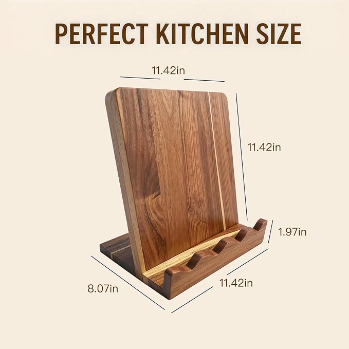 Wooden Cookbook Stand with Wave Edge Detachable Cutting Board Recipe Book Holder for Kitchen Countertop