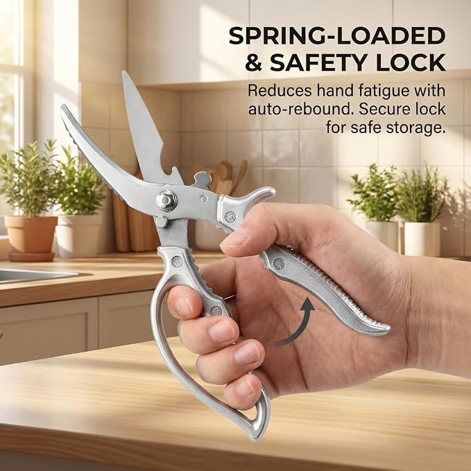 News Stainless steel Bone Cut Kitchen Scissors, Non-Slip Handle & Safety Lock, All Purpose Kitchen Shears for Chicken, Meat Cutting, Turkey, Fish, Vegetables, Spring Loaded, Dishwasher Safe (1)