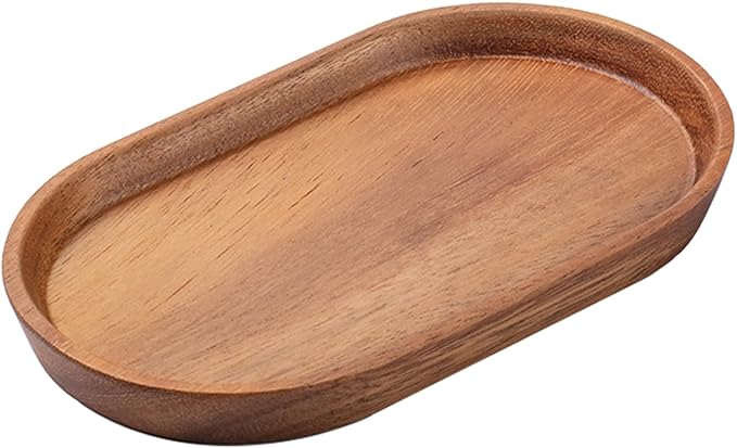 Vandroop Wooden Mini Serving Tray for Parties, Tea&Coffee Table Tray, Small Oval Wood Plate for Fruit&Snacks, Decorative Tray for Jewellery Key Coin, Tray for Bathroom (Acacia Wood, 7.8”×4.66”)