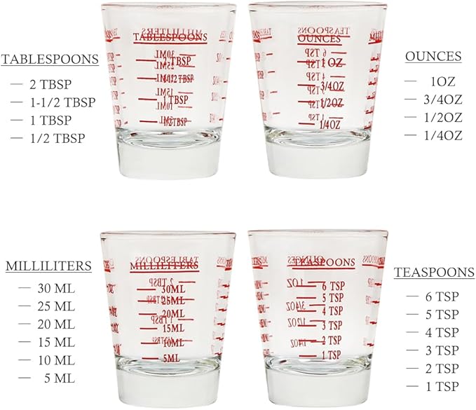Set of 4 Red Shot Glasses - Heavy Glass, Perfect for Measuring Espresso, Wine, and More 26-Incremental Measurement 1oz, 6 Tsp, 2 Tbs, 30ml (4, Red)