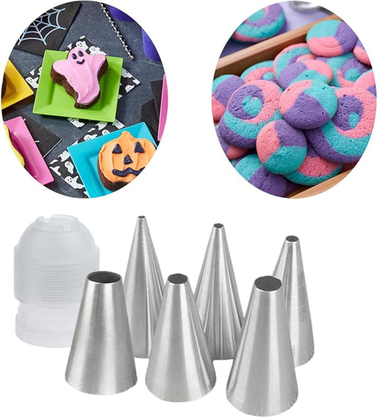 Round Piping Tips Set with Coupler- Stainless Steel Plain Icing Tips in 6 Sizes for Macarons,Writing,Royal Icing,Cookie and Cake Decorating