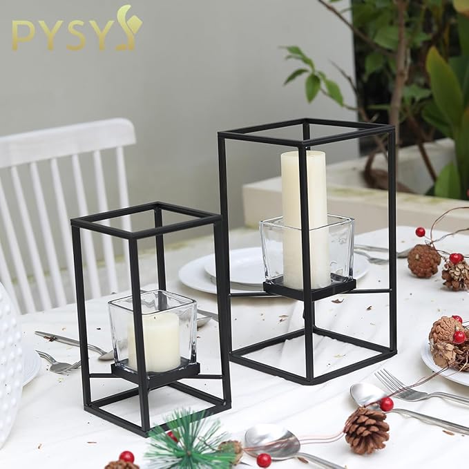 Set of Candlestick Holders in Two Sizes, Versatile Square Glass Candle Holder with Black Frame, Moden Style Candle Stand for Home Decor, Wedding, Party & Table Centerpiece