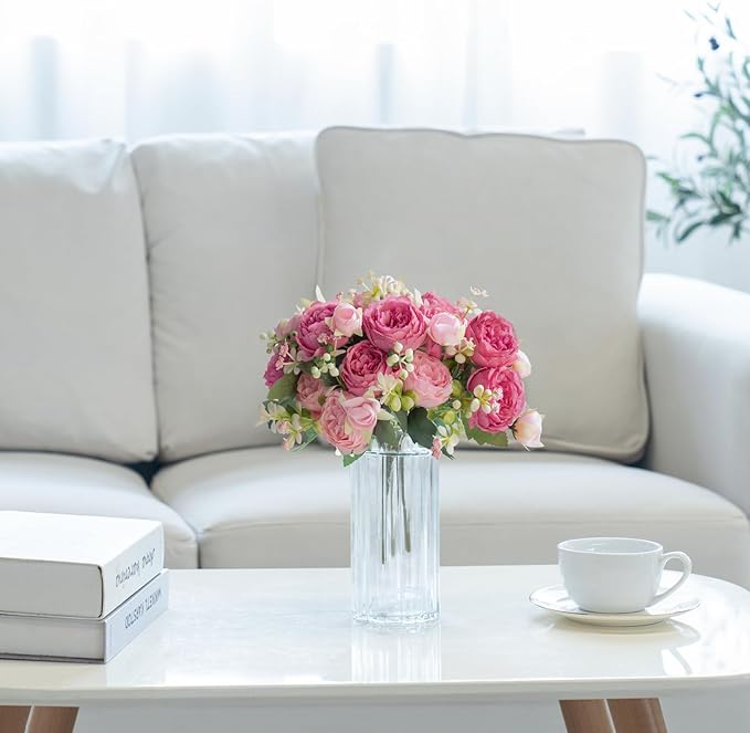 Mkono Peonies Artificial Flowers, Small Silk Flowers for Home Decor Indoor Fake Bouquet Faux Floral Arrangements Dining Table Centerpieces for Kitchen Party Decor Mixed Pink