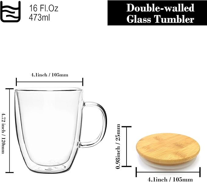 Glass Coffee Mug Double-walled Borosilicate Glass Cup for Hot or Iced Coffee, Milk, Tea (16 Oz Bamboo Lid)