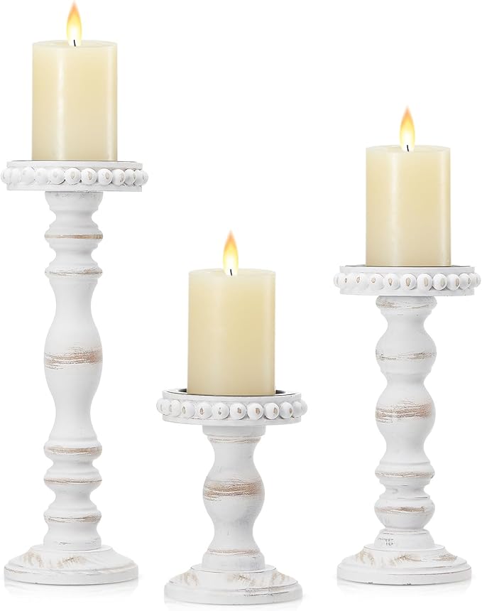 Mumufy 3 Pcs Candle Holders for Pillar Candles Rustic Farmhouse Home Decor Decorative Washed Beaded White Black Wood Candle Holder Country Style for Table Mantel Fireplace Wedding(White,Large)