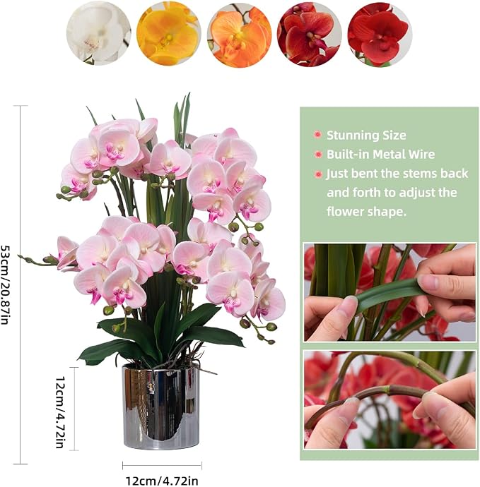 CXGS Artificial Orchid Flower Plants Real Touch Faux Orchids in Ceramic Vase 20.9'' Pink Phalaenopsis Orchid Fake Flower Arrangement Home Indoor Decor
