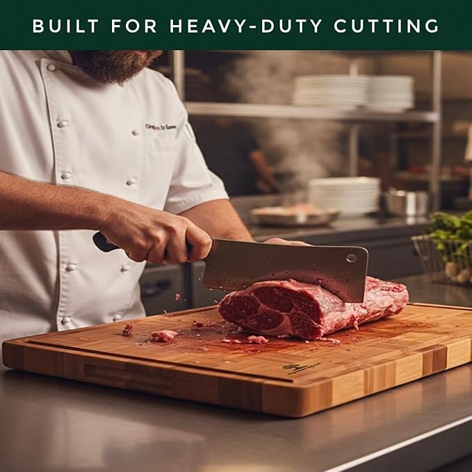 Premium Bamboo Cutting Board-15x10 Inch - End Grain Heavy Duty Cutting Board with Juice Groove, Built-In Handle & Hanging Hole, Knife-Safe Chopping Board for Meat, Vegetables & Kitchen Prep