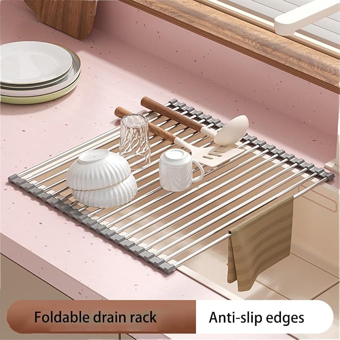 JAYWAYNE Roll Up Dish Drying Rack -17.5" x 14" – Large Stainless Steel Dish Drainer Over The Sink for Kitchen Countertop – Multifunctional Storage Rack,Suitable for Kitchen, Outdoor Picnic