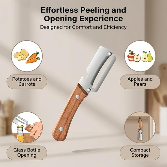 2 Pack Multifunctional Vegetable Peeler, With Wooden Handle and Bottle Opene, Stainless Steel Blade with Ergonomic Wooden Handle, Non-Slip Fruit & Potato Peeler for Kitchen Use