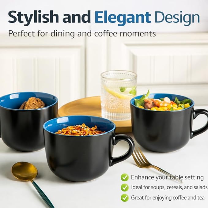 GBhome Jumbo Soup Mugs with Handles, 24 Oz Large Coffee Mugs Set of 4, Ceramic Soup bowls for Coffee,Cereal,Snacks,Salad,Noodles etc Soup Cups,Microwave&Dishwasher safe-Blue Inside