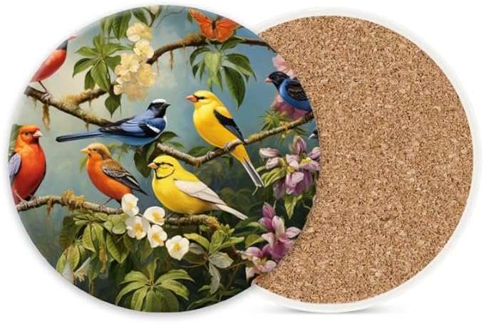 Ceramic Stone Cork Coasters for Drinks Tableware, Vibrant Birds Perched on Tree Branches Round Absorbent Durable Aesthetic Art Cup Mat Protects Tables and Surfaces Set of 1 (4 * 4 Inch)