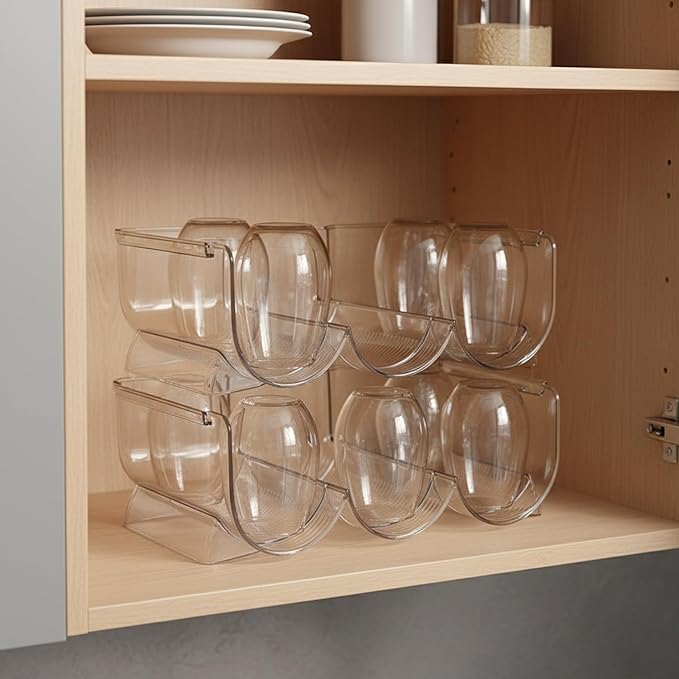 Clear Stackable Cup Organizer Bin, Vertical Storage Container for Kitchen Cabinets & Pantry, Durable PP Plastic