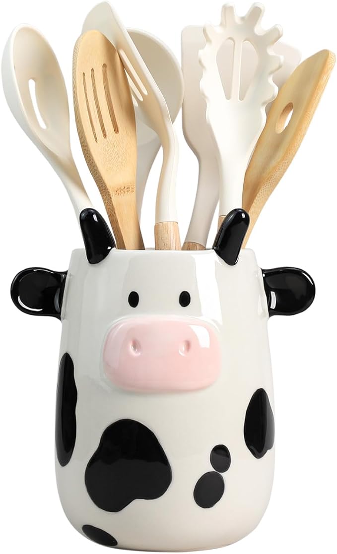 Ceramic Cartoon Cow Shaped Kitchen Utensil Holder, Large Cooking Utensil Crocks, Ceramic Utensil Organizer for Spatula, Kitchen, Home Decoration