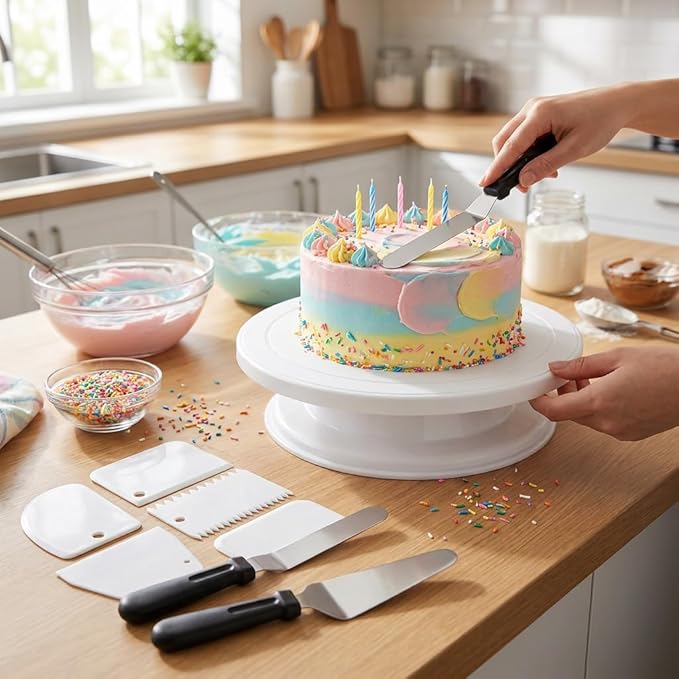 White Cake Decorating Kit with Revolving Cake Turntable, 8-Piece Baking Supplies and Decorating Tools Set including 3 Frosting Spatulas, 4 Icing Smoothers, Gift for Beginners & Pros
