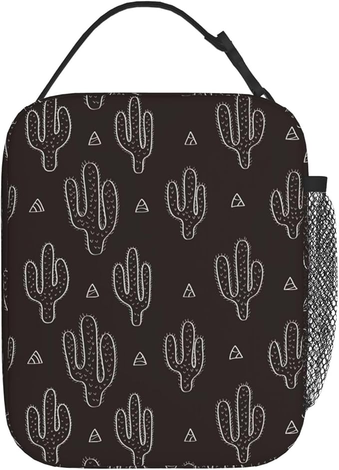 Black Cactus Fun Western Insulated Lunch Bag Portable Reusable Zipper Lunch Box For Men Women Work Picnic Travel Camping