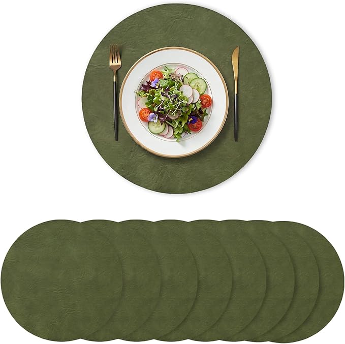 Artoid Mode Olive Green Faux Leather Placemats Set of 8, 15 Inch Waterproof Wipeable Heat Resistant Vinyl Place Mats, Reversible Table Mats for Kitchen Dining Decor