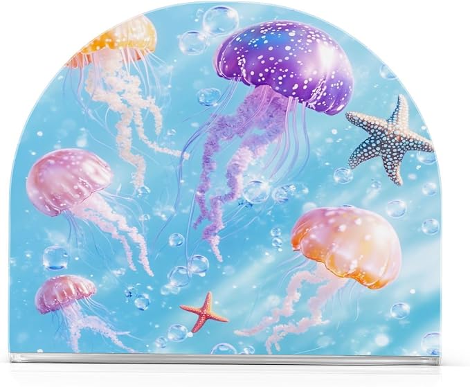 Napkin Holder Acrylic Napkin Holder for Table Kitchen Party Restaurant U Shaped Upright Napkin Dispenser Organizer Blue Jellyfishes Bubbles and Starfish