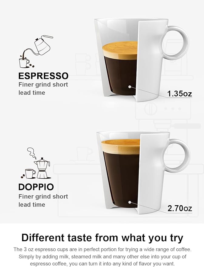 LE TAUCI 3 oz Espresso Cups, Ceramic Demitasse Cup, Mini Coffee Mugs for Home or Office, Stackable Expresso Shots Cup Perfect for Espresso Machine, Set of 4, White