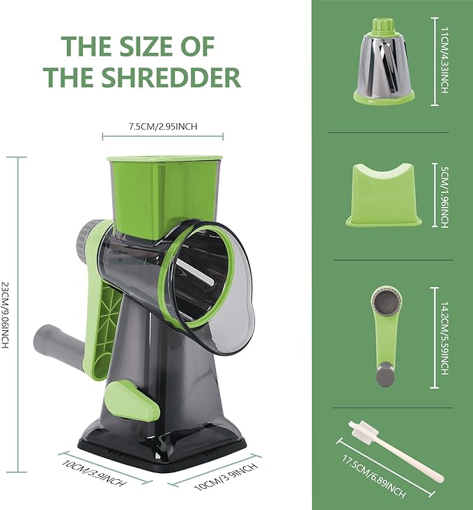 Rotary Cheese Grater with Handle-Versatile Cheese Grater Non-Slip Suction Base,Cheese Shredder & Food Slicer for Cheese,Carrots, Cucumbers,Nuts-Compact & Easy Clean Kitchen Kitchen Tool (Green)