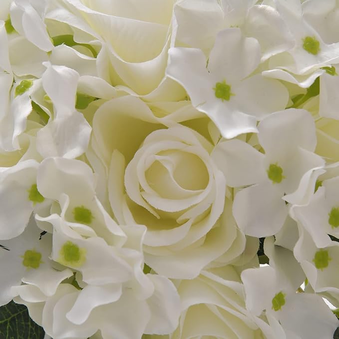 Fule Artificial Silk Rose Flower Centerpiece Arrangement in Glass Vase with LED Light for Home Wedding Decoration (White)