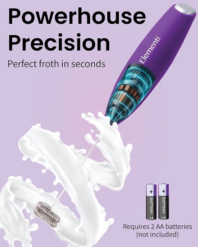 Elementi Milk Frother Wand - Easy to Use Handheld Electric Stirrer for Powder Drinks, Durable & Powerful Coffee Whisk & Protein Powder Mixer Wand, Hand Frother, Coffee Stirrers Electric (Purple)