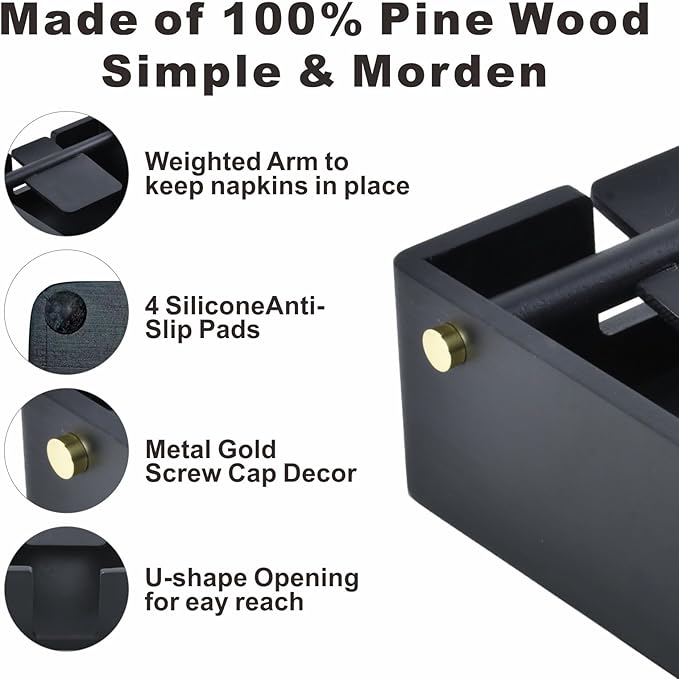 Natural Pine Napkin Holder for Table, Napkin Dispenser, Decorative Beverage Napkin Holder for Kitchen, Home,Bar (Black)