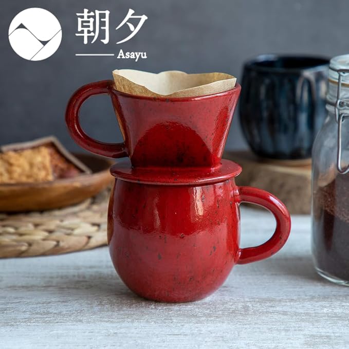 Asayu Japan Ceramic Coffee Pour Over Maker Set in Chrome Red, Slow Brewing Paper Filter Holder and Dripper with 3 Holes for Coffee and Tea (Accessory Ceramic Mug)