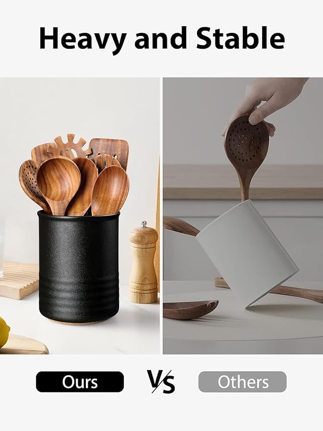 ABRUTY Utensil Holder, 6.7" Ceramic Kitchen Utensil Crock for Countertop Cooking, Modern Utensil Caddy Jar Organizer for Farmhouse Kitchen Counter Décor, Matte Black