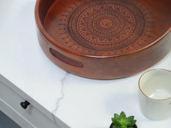 Vesta Homes Set of 2 Aurelia Premium Wood Round Serving Tray for Home/Kitchen/Restaurant/Office Organizer/Dining Table|Premium Wooden Trays|35.5 X 35.5 ; 30.5 x 30.5 cm | Handcrafted in India