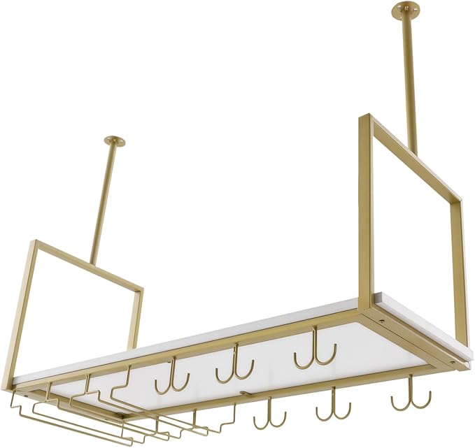 Industrial Wall Mounted Wine Rack with Glass Holder Shelf, Metal Ceiling Hanging Stemware Rack, Floating Storage Shelf for Bar Cafe Kitchen Restaurant