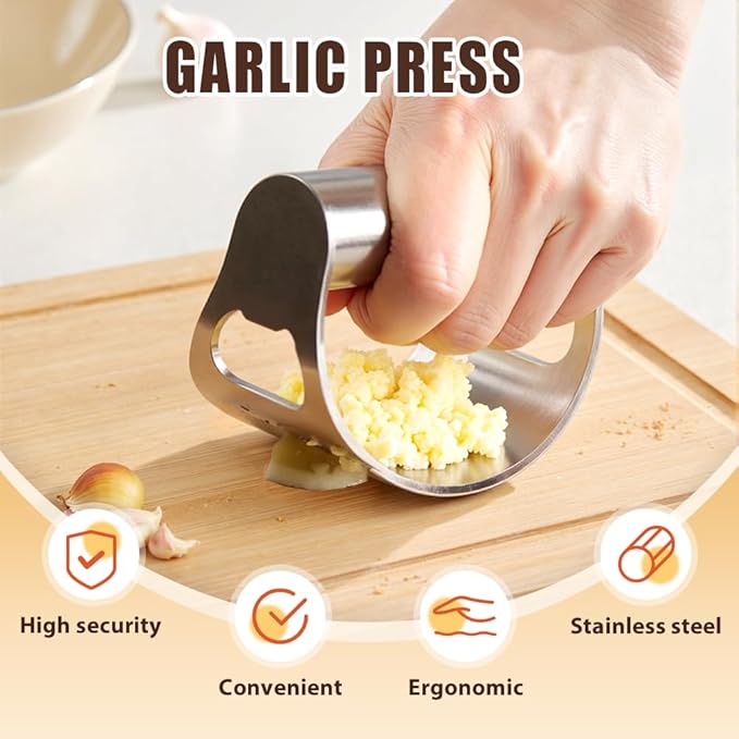 Stainless Steel Garlic Press Rocker, 2025 New Heavy Duty Gralic Crusher Tool with Peeler and Brush for Smash Garlic Built-in Bottle Opener - Easy Kitchen Gadget for Effortless Garlic Prep (1, black)