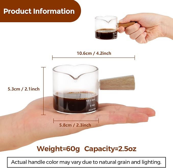 YARRAMATE 2.5 oz/75ML Espresso Shots Cup with Wooden Handle, Clear Glass Demitasse Cup with Dual Scale Markings for Coffee Extraction (1 Pack, Double Spout)