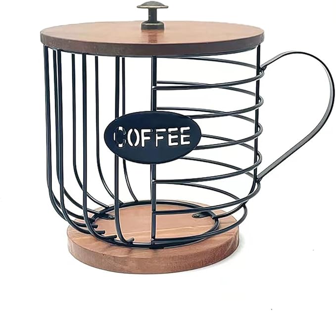 Coffee Pod Baskets, Coffee Pod Holder, Coffee Pod Organizer, Large Capacity Black Wire Coffee Pod Storage with Wooden Base, Decor for Kitchen Countertop for Pods & Espresso Capsules