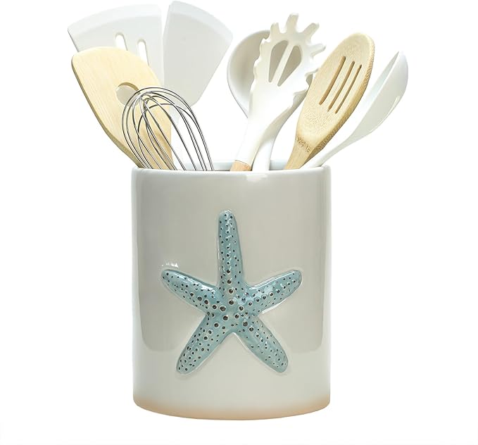 Ceramic Starfish Embossed Utensil Holder, Large Cooking Utensil Crocks for Countertop, Ocean Style Utensil Organizer for Spatula