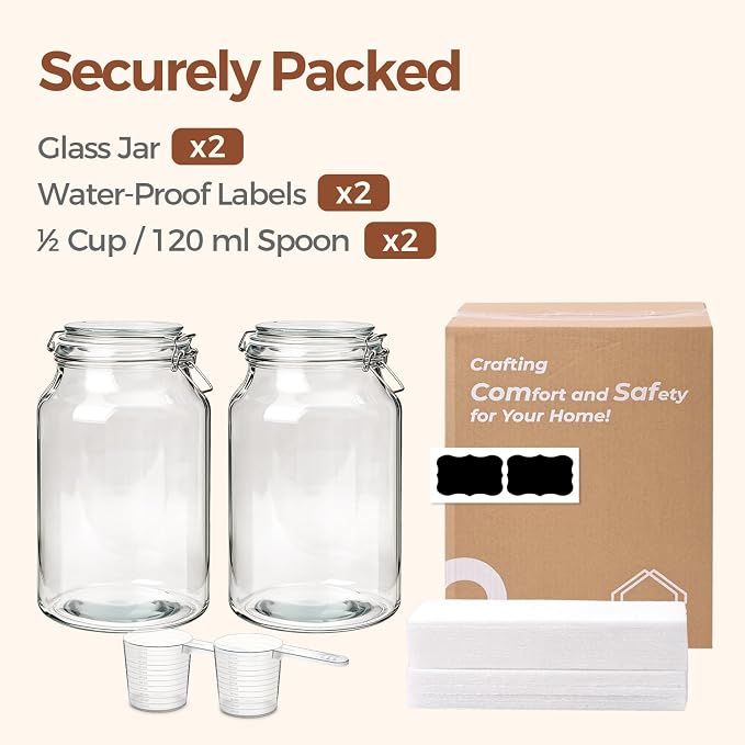 ComSaf 1.1 Gallon Glass Jars with Airtight Lids (138oz, Set of 2), 4-Inch Extra-Wide Mouth Heavy Duty Canisters for Bulk Flour, Sugar & Rice Storage, Ideal for Kombucha, Kimchi, Sauerkraut & Pickling