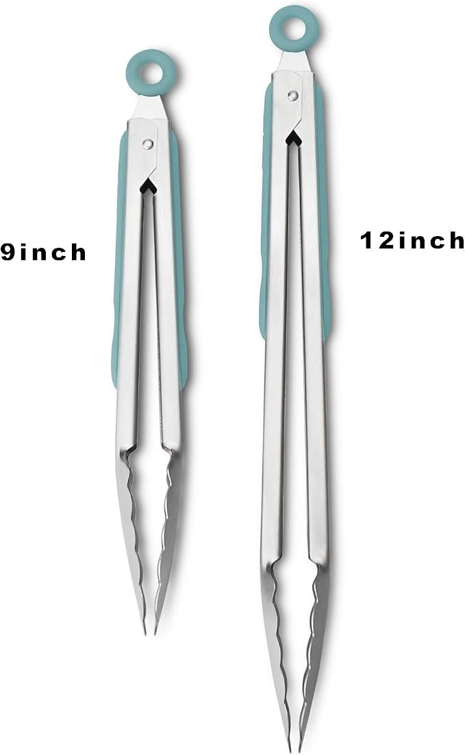 Premium 304 Stainless Steel Tongs Set – 12" Grill Tongs & 9" Cooking Tongs, Heat Resistant up to 600°F, Wavy Grip Head, Non‑Slip Handle with Locking Clip & Hanging Loop, Dishwasher Safe, Aqua Sky