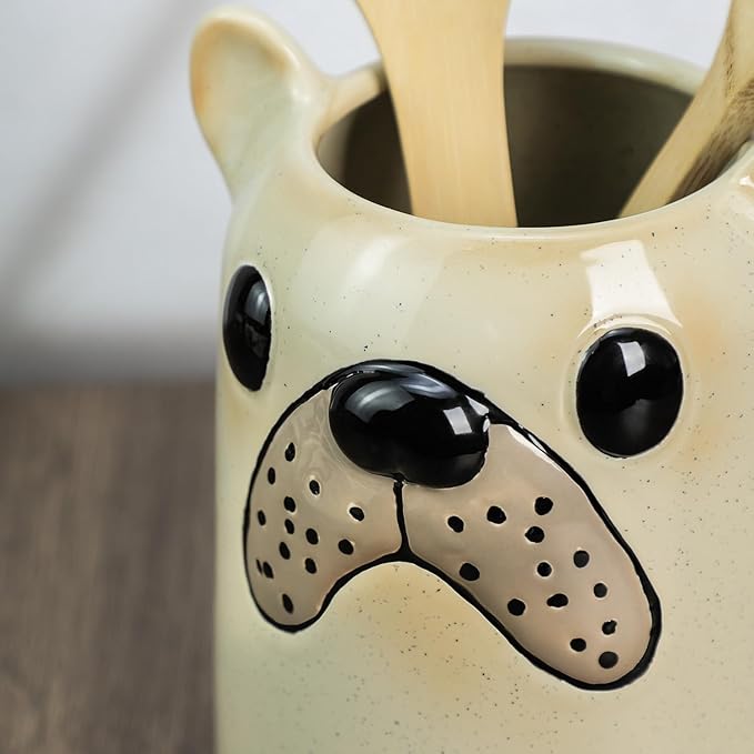 Ceramic Cartoon Animal Pattern Kitchen Utensil Holder, Large Cooking Utensil Crocks for Kitchen Countertop, Cartoon Style Utensil Organizer for Spatula, Kitchen, Home Decoration-Bulldog