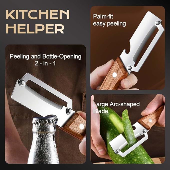 Vegetable Peeler, Multifunctional Stainless Steel Peeler with Wooden Handle, Zero Snag Fruit & Potato Peeler, 2-in-1 Peeler with Bottle Opener, Kitchen Peeling Tool (1)