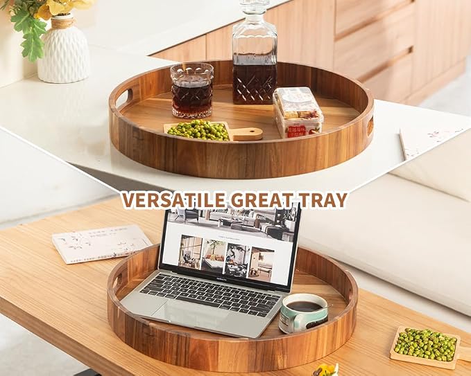 Extra Large Round Ottoman Coffee Table Tray, 22" Big Kitchen Serving Trays for Huge Ottoman Counter Giant Decorative Organizer, Huge Wood Serveware Tray with Built-in Handle for Big Job