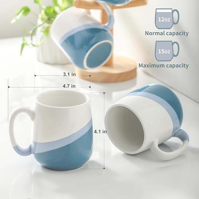 Coffee Mugs Set of 4,Ceramic 15 OZ Coffee Cups with Big Handle,Large Tea Cups for Hot Beverages,Yogurt, Cappuccino,Latte,Gift for Mom and Dad,Dishwasher Safe&Microwave Safe,White & Blue