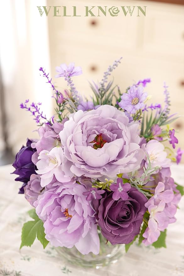 Artificial Flowers in Vase for Home Decor, Fake Lavender & Silk Peony Rose Bouquet Centerpieces in Glass Vase with Fake Water for Party Wedding Dinning Table Office Hotel Decor (Lavender Purple Mixed)