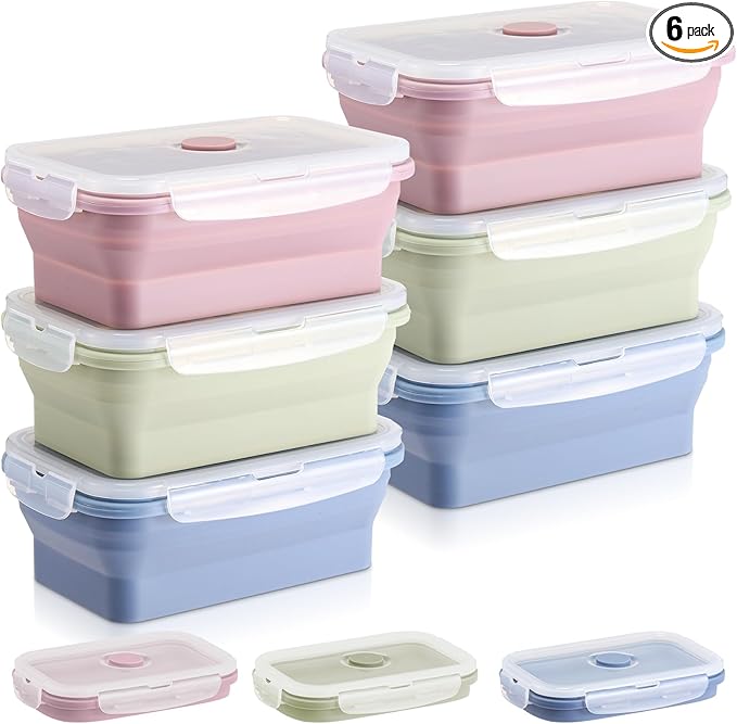 Mifoci 6 Pcs Silicone Containers for Food Collapsible Food Storage Containers with Airtight Lids Stacking Leftover Foods Storage Lunch Box for Freezer Microwave Dishwasher Safe(Morandi,27 oz)