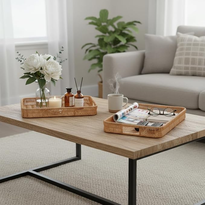 2pcs Rectangular Serving Tray with Handles, Decorative Wicker Organizer Baskets Storage Tray for Coffee Table, Bread, Fruit, Snacks, Centerpiece Decor