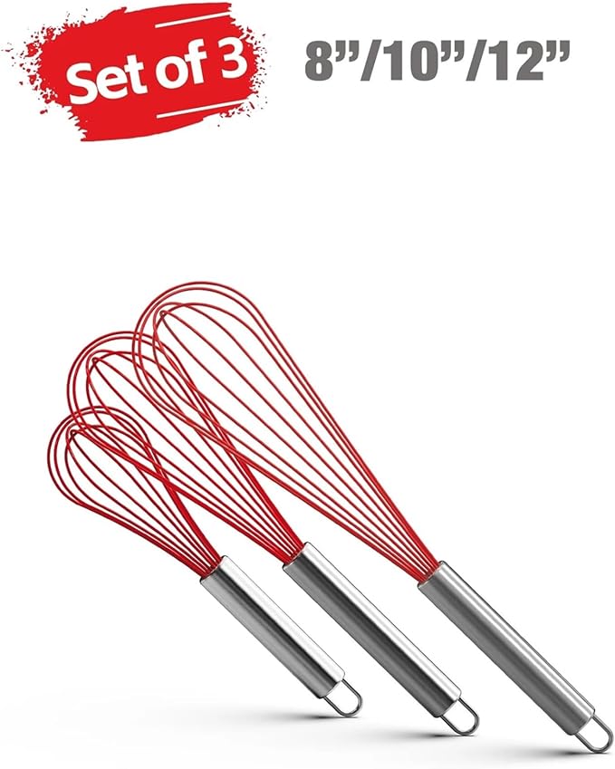 Balloon Whisk Stainless Steel 304 18/8 Wire Beater 8"10"12" Kitchen Cooking Tool No-Stick For Egg(Set of 3 Red)